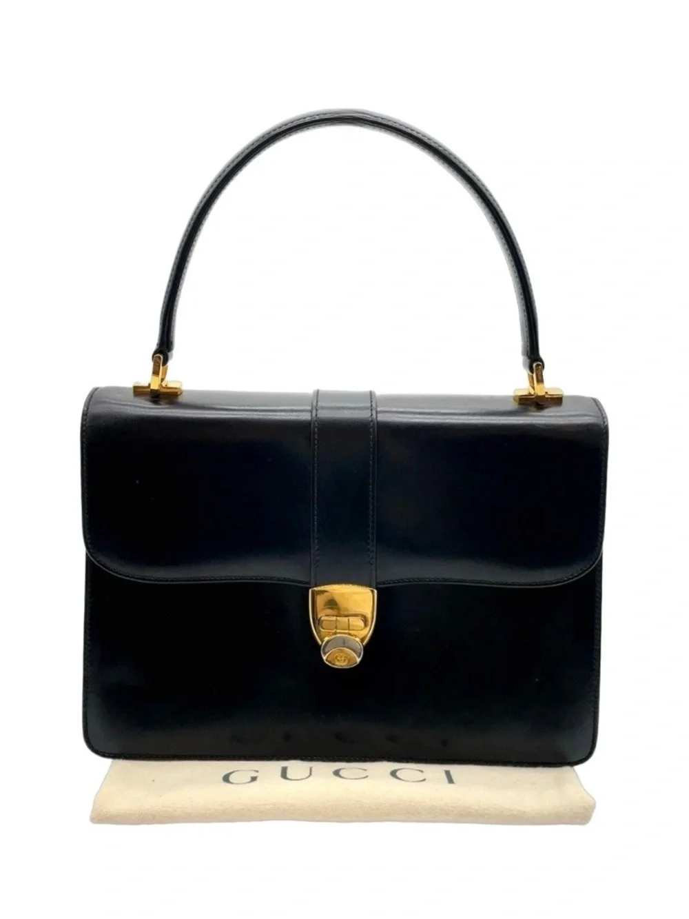 Vintage Gucci Black Leather Structured Top Handle Handbag GG Clasp